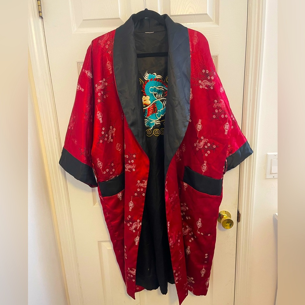 Reversible satin long kimono Asian anime cosplay floral fantasy dragon FLAWED